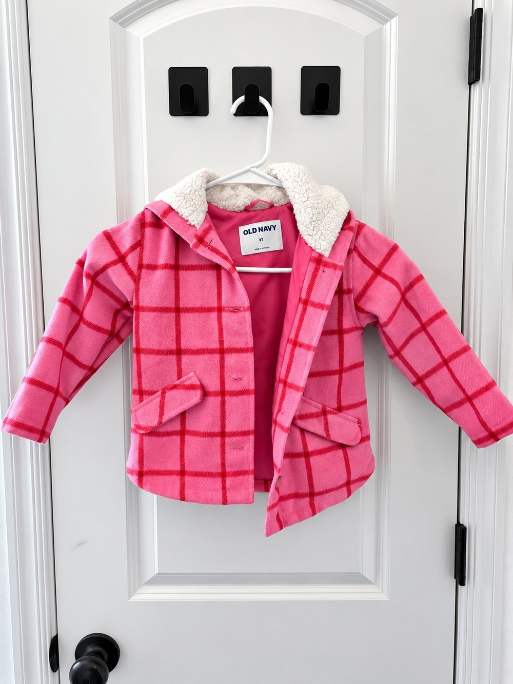 Old Navy Girls 3T Pink Plaid Sherpa Hooded Coat Jacket Button Front.